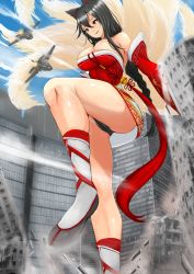 Rule 34 | 1girl, ahri (league of legends), aircraft, airplane, animal ears, black hair, breasts, brown eyes, city, cleavage, detached sleeves, fighter jet, fox ears, fox tail, giant, giantess, jet, korean clothes, league of legends, military, military vehicle, multiple tails, nonoririn, panties, solo, tail, underwear, yellow eyes