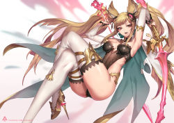 Rule 34 | 1girl, animal ears, armpits, arms up, ass, blonde hair, bracelet, breasts, breasts apart, brown eyes, cape, crossed legs, detached collar, detached sleeves, dual wielding, erune, granblue fantasy, hair ornament, high heels, highres, holding, holding sword, holding weapon, jewelry, leotard, long hair, looking to the side, medium breasts, metera (granblue fantasy), mole, mole under mouth, oopartz yang, open mouth, patreon username, solo, strapless, swept bangs, sword, thighhighs, twintails, watermark, weapon, web address, white thighhighs