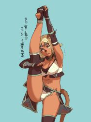 Rule 34 | 1girl, animal ears, artist name, black gloves, blonde hair, blue background, blue eyes, breasts, bright pupils, cat ears, cat girl, cat tail, cleavage, dark-skinned female, dark skin, dated, elbow gloves, final fantasy, final fantasy xi, fingerless gloves, gloves, hand on own foot, highres, leg up, loincloth, looking up, medium breasts, mithra (ff11), navel, open clothes, panties, parted bangs, short hair, simple background, solo, split, standing, standing on one leg, standing split, tail, toeless footwear, translation request, underwear, white panties, white pupils, yuccoshi