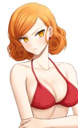 Rule 34 | 1girl, bare shoulders, bikini, breasts, cleavage, closed mouth, collarbone, commentary request, danganronpa another, earrings, highres, jewelry, looking at viewer, medium breasts, orange hair, ppakunak, red bikini, short hair, simple background, solo, super danganronpa another 2, swimsuit, upper body, white background, yellow eyes