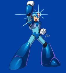 Rule 34 | 1boy, android, arm up, armor, blue armor, blue background, blue footwear, blue helmet, clenched hands, forehead jewel, glint, helmet, hi-go!, highres, male focus, mega man (series), mega man x (series), open mouth, signature, simple background, solo, x (mega man)
