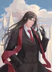Rule 34 | 1boy, aged up, black coat, black eyes, black gloves, black jacket, black pants, closed mouth, cloud, coat, collared shirt, commentary request, fate/grand order, fate (series), formal, gloves, hair between eyes, hand in pocket, highres, jacket, long hair, long sleeves, looking at viewer, lord el-melloi ii, lord el-melloi ii case files, luoyuuuuuu, male focus, multiple boys, necktie, pants, red necktie, shirt, sidelocks, sky, smile, smoke, smoking, solo, stole, upper body, waver velvet, white shirt