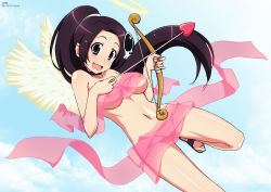 Rule 34 | 12pm degeso, 1girl, arrow (projectile), bare shoulders, bow (weapon), breasts, brown hair, choker, cloud, covered erect nipples, cupid, elysia de lute ima, hair ornament, halo, heart, heart arrow, highres, kami nomi zo shiru sekai, long hair, looking at viewer, medium breasts, navel, nipples, no bra, no panties, nude, official style, open mouth, ponytail, purple eyes, pussy, sandals, skull hair ornament, sky, smile, toes, weapon, wings