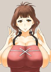 Rule 34 | 10s, 1girl, apron, bare shoulders, blunt bangs, breasts, brown eyes, brown hair, bursting breasts, cleavage, gamushiro (souren), grey background, highres, huge breasts, kazami torino, light smile, lipstick, looking at viewer, makeup, mature female, naked apron, pink background, sideboob, sidelocks, simple background, smile, solo, strap pull, valkyrie drive, valkyrie drive -mermaid-
