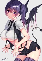 Rule 34 | 1girl, artist name, bat wings, blush, breasts, demon tail, hair ribbon, large breasts, long hair, looking at viewer, mataro (matarou), midriff, navel, necktie, open clothes, open vest, original, parted lips, pencil skirt, puffy short sleeves, puffy sleeves, purple eyes, purple hair, purple thighhighs, ribbon, short sleeves, side ponytail, simple background, skirt, solo, striped clothes, striped thighhighs, suspenders pull, tail, thighhighs, underboob, vest, wings