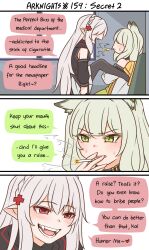 Rule 34 | 2girls, :d, animal ear fluff, animal ears, arknights, between fingers, blush, braid, cigarette, comic, commentary, crown braid, dress, english commentary, english text, faceless, faceless female, fang, green dress, grey hair, grey jacket, guin guin, hair ornament, highres, holding, holding cigarette, indoors, jacket, kal&#039;tsit (arknights), long hair, mouth hold, multiple girls, off-shoulder jacket, off shoulder, open mouth, pointy ears, profile, sitting, smile, smoke, smoking, very long hair, warfarin (arknights), window