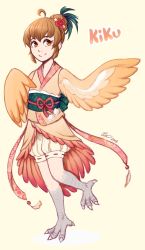 Rule 34 | 1girl, ahoge, beige background, bird legs, brown feathers, brown hair, brown wings, character name, feathers, flower, hair bun, hair flower, hair ornament, highres, japanese clothes, kimono, obi, orange eyes, original, rubi arts, sash, short hair, short kimono, simple background, single hair bun, solo, standing, standing on one leg, talons, winged arms, wings, yellow background