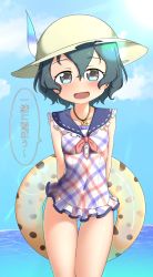 Rule 34 | 1girl, beach, black hair, blue eyes, blush, chis (js60216), gluteal fold, hat, hat feather, helmet, highres, innertube, jewelry, kaban (kemono friends), kemono friends, looking at viewer, navel, necklace, ocean, pith helmet, skin tight, smile, swim ring, swimsuit, thigh gap, translated