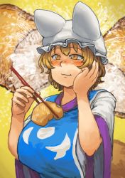 Rule 34 | 1girl, absurdres, aburaage, animal hat, blonde hair, blush, breasts, chanta (ayatakaoisii), chopsticks, dress, eating, food, fox tail, hand on own cheek, hand on own face, happy, hat, highres, large breasts, looking up, mob cap, multiple tails, nose blush, short hair, short sleeves, slit pupils, smile, solo, sushi, tail, tofu, touhou, upper body, white dress, wide sleeves, yakumo ran, yellow eyes