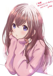 Rule 34 | 1girl, arm support, artist name, bad id, bad pixiv id, blue eyes, blush, brown hair, commentary request, dated, hands on own cheeks, hands on own face, head rest, long hair, long sleeves, looking at viewer, multicolored hair, original, parted lips, pink sweater, simple background, sleeves past wrists, smile, solo, sweater, tareme, translation request, two-tone hair, upper body, white background, white hair, yuuki (yukinko-02727)