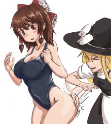 Rule 34 | &gt; &lt;, 2girls, alternate costume, apron, ass smack, black one-piece swimsuit, black skirt, black vest, blonde hair, blush, bow, breasts, brown hair, cleavage, commentary request, cookie (touhou), cowboy shot, frilled bow, frilled hair tubes, frills, hair bow, hair tubes, hakurei reimu, hat, hat bow, highleg, highleg swimsuit, highres, kirisame marisa, large breasts, long hair, medium hair, motion lines, multiple girls, nob1109, one-piece swimsuit, open mouth, red bow, red eyes, reu (cookie), school swimsuit, shirt, simple background, skirt, spanked, spanking, swimsuit, touhou, uzuki (cookie), vest, waist apron, white apron, white background, white bow, white shirt, witch hat