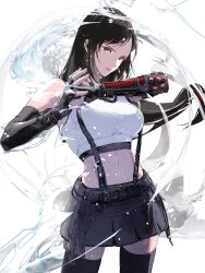 Rule 34 | 1girl, bare shoulders, black gloves, black hair, black skirt, black sports bra, black thighhighs, bracelet, breasts, clenched hand, closed mouth, cofffee, cowboy shot, crop top, earrings, elbow pads, final fantasy, final fantasy vii, final fantasy vii rebirth, final fantasy vii remake, fingerless gloves, floating hair, gloves, highres, jewelry, large breasts, light particles, lips, long hair, looking at viewer, low-tied long hair, materia, midriff, navel, own hands together, pink lips, red eyes, single arm guard, single earring, single elbow pad, skirt, solo, sports bra, suspender skirt, suspenders, swept bangs, tank top, thighhighs, tifa lockhart, white tank top, zettai ryouiki