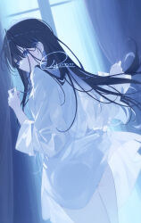 Rule 34 | 1girl, ass, bare legs, black hair, blue curtains, blue eyes, blue nails, blue theme, collared shirt, commentary, cowboy shot, curtains, from behind, hair between eyes, hand up, light blush, long hair, looking at viewer, nail polish, naked shirt, original, parted lips, renren (pixiv22963369), see-through, see-through shirt, shirt, signature, solo, symbol-only commentary, window