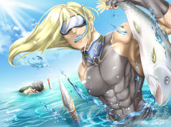 Rule 34 | 2boys, abs, absurdres, animal, asphyxiation, blonde hair, blue sky, day, drowning, fate/grand order, fate (series), fionn mac cumhaill (fate/grand order), fish, gae dearg (fate), goggles, highres, holding, holding animal, holding fish, huge filesize, diarmuid ua duibhne (lancer) (fate), long hair, multiple boys, muscular, muscular male, outdoors, polearm, sky, snorkel, spear, sunlight, wading, water, weapon, yuttarou 029