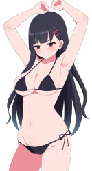 Rule 34 | 1girl, armpits, arms up, bare arms, bikini, black bikini, black hair, blunt bangs, blush, breasts, brown eyes, cleavage, closed mouth, commentary request, cowboy shot, curvy, frown, groin, hair ornament, hairclip, highres, large breasts, long hair, navel, original, side-tie bikini bottom, simple background, solo, standing, stomach, swimsuit, v-shaped eyebrows, very long hair, white background, zlmh7okwwbmghfo