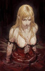 Rule 34 | 1girl, absurdres, bare shoulders, blonde hair, blood, blood on breasts, dress, elbow gloves, feather-trimmed gloves, from above, gloves, highres, kiss-shot acerola-orion heart-under-blade, long hair, monogatari (series), oshino shinobu, partially submerged, pointy ears, red dress, solipsist, solo, strapless, strapless dress, vampire