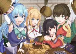 Rule 34 | 1girl, 3girls, :d, absurdres, alcohol, aqua (konosuba), aqua eyes, arm support, arm up, bar censor, bare shoulders, beer, beer mug, belt, black hair, blonde hair, blue eyes, blue hair, blue shirt, blurry, blurry background, blush, bottle, breasts, brick wall, brown belt, brown hair, capelet, censored, chicken (food), chomusuke, collarbone, commentary, cowboy shot, cup, darkness (konosuba), detached sleeves, dress, dual wielding, fish (food), fried chicken, frown, green capelet, green eyes, grey shirt, grilled fish, hair between eyes, hair ornament, hand on table, highres, holding, holding cup, indoors, kono subarashii sekai ni shukufuku wo!, large breasts, leaning forward, long hair, long sleeves, looking at viewer, megumin, mug, multiple girls, neck ribbon, off-shoulder dress, off shoulder, open mouth, outstretched hand, ponytail, reaching, red dress, red eyes, red ribbon, ribbon, satou kazuma, sayu (user yjsz2885), shirt, short hair, short hair with long locks, sidelocks, sleeveless, sleeveless shirt, smile, straight hair, toasting (gesture), tsurime, upper body, v-shaped eyebrows, very long hair, white sleeves, wide sleeves, wine bottle, x hair ornament