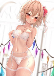 Rule 34 | 1girl, :o, bare shoulders, blonde hair, blush, bow, bra, breasts, collarbone, commentary, flandre scarlet, garter belt, hair ornament, hair ribbon, highres, lace, lace-trimmed bra, lace-trimmed legwear, lace-trimmed panties, lace trim, lingerie, looking at viewer, navel, one side up, panties, red eyes, reijing etrn, ribbon, short hair, small breasts, solo, thick thighs, thighhighs, thighs, touhou, underwear, underwear only, white bra, wings