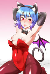 Rule 34 | 1girl, alternate costume, animal ear fluff, animal ears, armpits, arms behind head, arms up, bat wings, black bow, black bowtie, black gloves, blue hair, blush, bow, bowtie, breasts, breasts out, cameltoe, cat ears, cleft of venus, closed mouth, commentary, detached collar, elbow gloves, embarrassed, fake animal ears, fake tail, gloves, gradient background, gradient hair, highres, kittysuit, kneeling, leotard, lips, looking at viewer, multicolored hair, nipples, nontraditional playboy bunny, pantyhose, pink background, playboy bunny, purple hair, red eyes, red leotard, red pantyhose, remilia scarlet, shiraue yuu, short hair, simple background, small breasts, solo, spread legs, sweat, tail, touhou, two-tone background, two-tone hair, white background, wings