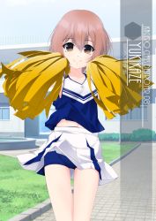 Rule 34 | 1girl, alternate costume, blue shorts, brown eyes, brown hair, cheering, cheerleader, commentary request, crop top, highres, holding, holding pom poms, inaba shiki, kantai collection, miniskirt, pleated skirt, pom pom (cheerleading), pom poms, shirt, short hair, shorts, shorts under skirt, skirt, sleeveless, sleeveless shirt, solo, white skirt, yukikaze (kancolle)