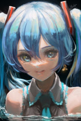 Rule 34 | 1girl, absurdres, aqua necktie, arise (allicenogalca), black background, blue eyes, blue hair, earrings, eyelashes, grey shirt, hair between eyes, hair ornament, hatsune miku, highres, jewelry, long hair, looking at viewer, musical note earrings, necktie, partially submerged, portrait, shirt, signature, simple background, single earring, sleeveless, sleeveless shirt, smile, solo, twintails, vocaloid, water