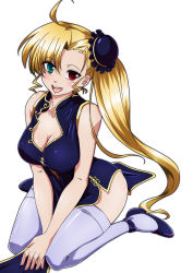 Rule 34 | 1girl, ahoge, bare shoulders, blonde hair, blush, breasts, china dress, chinese clothes, cleavage, collarbone, dress, heterochromia, highres, large breasts, long hair, looking at viewer, lyrical nanoha, mahou shoujo lyrical nanoha strikers, mahou shoujo lyrical nanoha vivid, open mouth, ponytail, shiny skin, simple background, sitting, sleeveless, smile, solo, tappa (esperanza), teeth, thighhighs, upper teeth only, vivio, white background, white thighhighs
