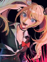 Rule 34 | 1girl, @ @, arm up, bear hair ornament, blonde hair, blood, blood on clothes, blood on face, blood splatter, blue eyes, bow, breasts, cleavage, collarbone, danganronpa: trigger happy havoc, danganronpa (series), enoshima junko, fangs, hair ornament, highres, large breasts, long hair, looking at viewer, momotamago, nail polish, necktie, red bow, red nails, shirt, smile, solo, twintails