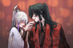 Rule 34 | 2boys, alcohol, archer (fate/samurai remnant), arm guards, black hanfu, blush, chinese clothes, chinese commentary, chinese hairpin, choko (cup), closed eyes, crossed arms drinking, cup, drinking, fate/samurai remnant, fate (series), green hair, grey hair, hair ornament, half updo, hanfu, high ponytail, holding, holding cup, keclpshvli, lamp, long hair, looking at another, low-tied sidelocks, male focus, multicolored hair, multiple boys, ponytail, red eyes, red hanfu, red robe, robe, sidelocks, sitting, smile, streaked hair, tassel, tassel hair ornament, white hair, white hanfu, xiao guan (headdress), zheng chenggong (fate)