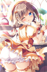 Rule 34 | 1girl, ;q, beret, bloomers, blue eyes, blush, bow, cake, commentary request, day, dress, food, food on face, frilled dress, frills, from behind, hair bow, hat, highres, icing, indoors, leaning forward, light brown hair, looking at viewer, looking back, low twintails, one eye closed, original, pinafore dress, puffy short sleeves, puffy sleeves, sasai saji, short sleeves, signature, sleeveless dress, smile, solo, sunlight, tongue, tongue out, twintails, underwear, whisk, white bloomers, wrist cuffs