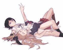 Rule 34 | 2girls, arm up, bear hair ornament, black necktie, black shirt, black skirt, blue eyes, blue ribbon, bow, bowtie, breasts, brown gloves, cleavage, closed eyes, closed mouth, collarbone, collared shirt, danganronpa: trigger happy havoc, danganronpa (series), ears, enoshima junko, eyebroows, gloves, grin, hair ornament, hand on another&#039;s leg, hand on another&#039;s thigh, hand up, head back, holding, holding knife, holding weapon, ikusaba mukuro, incest, knife, long hair, looking at viewer, lying on lap, lying on person, medium breasts, medium hair, multicolored necktie, multiple girls, neck ribbon, necktie, nose, open mouth, pleated skirt, red bow, red skirt, ribbon, shirt, siblings, simple background, sisters, skirt, small breasts, smile, teeth, thighs, twincest, twins, twintails, v, weapon, white background, white necktie, white shirt, yuri
