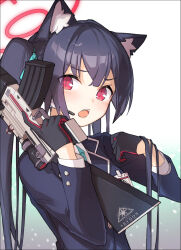 Rule 34 | 1girl, animal ear fluff, animal ears, aqua necktie, beretta ar70/90, black hair, blazer, blue archive, cat ears, collared shirt, commentary request, earpiece, fang, gun, hair ribbon, halo, highres, holding, holding gun, holding weapon, id card, jacket, long hair, long sleeves, looking at viewer, looking to the side, miya kazutomo, necktie, open mouth, red eyes, ribbon, school uniform, serika (blue archive), shirt, solo, teeth, twintails, two-tone gloves, upper body, upper teeth only, weapon