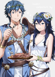 Rule 34 | 1boy, 1girl, ameno (a meno0), armlet, armor, bare shoulders, blue eyes, blue hair, blue jacket, blush, breasts, chrom (fire emblem), chrom (valentine) (fire emblem), cleavage, closed eyes, collarbone, dress, eating, english text, father and daughter, fire emblem, fire emblem awakening, fire emblem heroes, flower, food, fork, grey background, hair between eyes, happy valentine, head wreath, highres, holding, holding fork, jacket, long hair, looking at another, lucina (fire emblem), lucina (valentine) (fire emblem), meat, nintendo, official alternate costume, open clothes, open jacket, shirt, short hair, shoulder armor, simple background, sleeveless, sleeveless dress, sleeveless jacket, small breasts, smile, white dress, white flower, white shirt