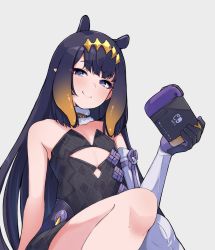 Rule 34 | 1girl, absurdres, black dress, black gloves, black hair, blush, commentary, detached sleeves, dress, english commentary, flat chest, fur choker, gloves, grey background, hair flaps, half-closed eyes, handheld game console, highres, holding, holding handheld game console, hololive, hololive english, looking at viewer, ninomae ina&#039;nis, ninomae ina&#039;nis (1st costume), pointy ears, purple eyes, single detached sleeve, sitting, smile, solo, strapless, strapless dress, tentacle hair, tube dress, valefal coneri, virtual youtuber