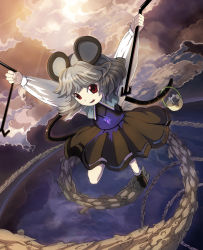 Rule 34 | 1girl, animal ears, basket, capelet, cloud, dowsing rod, female focus, grey hair, highres, holding, holding with tail, jewelry, light rays, mouse (animal), mouse ears, mouse tail, nazrin, open mouth, outstretched arms, pendant, prehensile tail, red eyes, short hair, solo, sunbeam, sunlight, syope, tail, touhou