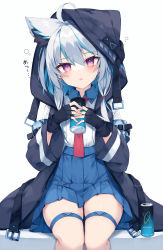 Rule 34 | 1girl, absurdres, ahoge, animal ear fluff, animal ears, black gloves, black jacket, blue hair, blue skirt, blush, can, collared shirt, commentary request, feet out of frame, fingerless gloves, gloves, grey hair, hair between eyes, highres, holding, holding can, hood, hood up, hooded jacket, jacket, long hair, long sleeves, multicolored hair, necktie, nibiiro shizuka, open clothes, open jacket, original, parted lips, pleated skirt, purple eyes, red necktie, shirt, simple background, sitting, skirt, solo, streaked hair, sweat, translated, two-tone hair, white background, white shirt, wide sleeves