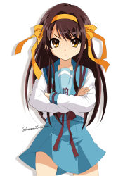 Rule 34 | 1girl, absurdres, angry, blue sailor collar, brown eyes, brown hair, closed mouth, commentary request, cowboy shot, crossed arms, hair ribbon, hairband, highres, kita high school uniform, kuuma25 kuma, long hair, long sleeves, looking at viewer, official alternate hair length, official alternate hairstyle, orange hairband, orange ribbon, red ribbon, ribbon, sailor collar, school uniform, shirt, shirt tucked in, simple background, solo, standing, suzumiya haruhi, suzumiya haruhi no yuuutsu, twitter username, v-shaped eyebrows, white background, white shirt