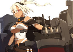 Rule 34 | 10s, 1girl, bandages, belt, black gloves, blonde hair, breasts, budget sarashi, cannon, capelet, dark-skinned female, dark skin, fingerless gloves, front-tie top, glasses, gloves, hair between eyes, headgear, kantai collection, kikumon, kinta (distortion), large breasts, light smile, machinery, musashi (kancolle), musashi kai (kancolle), navel, pointy hair, red eyes, sarashi, semi-rimless eyewear, short hair, short hair with long locks, simple background, smile, smokestack, solo, turret, twintails, two side up, under-rim eyewear, underboob, white background, wind