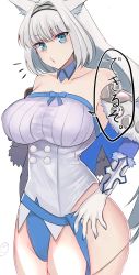 Rule 34 | 1girl, absurdres, animal ear fluff, animal ears, bare shoulders, blue eyes, blue leotard, blue ribbon, blush, breasts, cat ears, cat girl, cat tail, corset, detached collar, detached sleeves, dobrynya nikitich (fate), fate/grand order, fate (series), fur trim, hairband, highres, kankitsu kei, large breasts, leotard, long hair, looking at viewer, low ponytail, ribbon, solo, speech bubble, tail, thighs, translation request, white corset, white hair