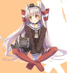 Rule 34 | 10s, 1girl, amatsukaze (kancolle), blush, choker, dress, gloves, indian style, kabocha, kabocha (monkey4), kantai collection, long hair, looking away, red thighhighs, rensouhou-kun, sailor dress, school uniform, serafuku, short dress, silver hair, single glove, sitting, solo, striped clothes, striped thighhighs, thighhighs, two side up, very long hair, white gloves, yellow eyes