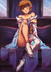 Rule 34 | 1girl, ;p, absurdres, blush, breasts, brown eyes, brown hair, cleavage, collarbone, floral print, full body, hair ornament, highres, japanese clothes, kimono, looking at viewer, medium breasts, off shoulder, one eye closed, persona, persona 4, print kimono, satonaka chie, shiny skin, short hair, sitting, socks, solo, toasty scones, tongue, tongue out, white kimono, white socks