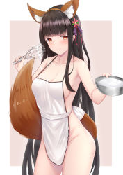 Rule 34 | 1girl, airool, akagi (warship girls r), animal ear fluff, animal ears, apron, bad id, bad pixiv id, bare shoulders, black hair, blush, breasts, brown hair, brown tail, cleavage, collarbone, commentary request, cream, cream on body, fake animal ears, flower, fox ears, hair ornament, highres, holding, japanese clothes, large breasts, long hair, looking at viewer, naked apron, pink background, simple background, smile, solo, tail, two-tone background, warship girls r, white background
