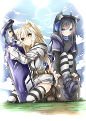 Rule 34 | 2girls, animal ears, armor, black hair, black sclera, blue eyes, blue sky, cat ears, cat tail, chabaneko, cloud, colored sclera, day, full armor, full body, gauntlets, headphones, highres, kneeling, looking at viewer, multiple girls, original, short shorts, shorts, skirt, sky, slit pupils, striped clothes, striped legwear, striped thighhighs, sun, sword, tail, tarutaru22, thighhighs, weapon, white hair, yellow eyes