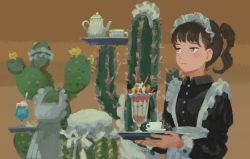 Rule 34 | 1girl, apron, black dress, blue eyes, brown hair, cactus, closed mouth, dishes, dress, expressionless, food, frilled apron, frills, fruit, half-closed eyes, hands up, highres, holding, holding tray, ice cream, katakai, long sleeves, maid, maid apron, maid headdress, medium hair, original, pocky, puffy sleeves, solo, strawberry, sundae, tray, twintails, whipped cream, white apron