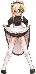 Rule 34 | 1girl, apron, blonde hair, blush, cleft of venus, clothes lift, dress, dress lift, garter straps, glasses, gouchin (nyou-tou), green eyes, highres, looking at viewer, maid, maid apron, maid headdress, no panties, pointy ears, pussy, smile, solo, thighhighs, uncensored