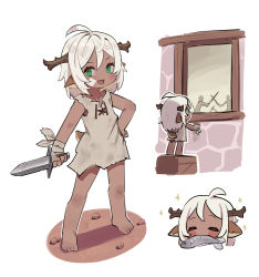 Rule 34 | 1girl, absurdres, aged down, ahoge, animal ears, antlers, bandages, bandaid, bandaid on face, barefoot, blush, box, child, closed eyes, commentary, dagger, dark-skinned female, dark skin, deer antlers, deer ears, deer tail, eating, english commentary, fish, green eyes, hand on own hip, highres, holding, holding dagger, holding knife, holding weapon, horns, knife, looking at viewer, medium hair, original, platinum blonde hair, rags, solo focus, sparkle, tail, tostantan, watching, weapon, white background