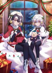 Rule 34 | 2girls, ahoge, bell, black legwear, boots, bow, capelet, character doll, christmas, christmas tree, crossed legs, dress, fate/grand order, fate (series), fur trim, gift, gilles de rais (caster) (fate), green bow, hair bow, hair ribbon, headpiece, highres, indoors, jeanne d&#039;arc (fate), jeanne d&#039;arc alter (avenger) (fate), jeanne d&#039;arc alter (fate), jeanne d&#039;arc alter santa lily (fate), multiple girls, night, ribbon, shigure s, short dress, short hair, silver hair, sitting, snow, striped ribbon, thighhighs, white dress, white footwear, window, yellow eyes