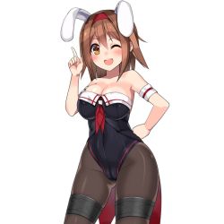 Rule 34 | 1girl, :d, animal ears, artist request, black pantyhose, blush, breasts, brown hair, cleavage, cropped legs, hand on own hip, large breasts, one eye closed, open mouth, pantyhose, pointing, pointing up, rabbit ears, short hair, smile, solo, standing, transparent background, wink, yellow eyes
