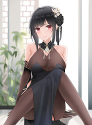 Rule 34 | 1girl, azur lane, bare shoulders, black dress, black flower, black rose, bodystocking, breasts, brown gloves, chen hai (azur lane), chen hai (vestibule of wonders) (azur lane), china dress, chinese clothes, dress, elbow gloves, feet out of frame, flower, gloves, highres, lace, lace-trimmed gloves, lace trim, large breasts, long hair, looking at viewer, official alternate costume, pelvic curtain, purple eyes, qing wu, rose, sitting, solo, taut clothes, taut dress