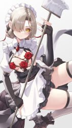 Rule 34 | 1girl, apron, armored boots, azur lane, belt, black dress, black panties, blonde hair, boots, braid, braided bun, breasts, brooch, closed mouth, colored eyelashes, commentary, corset, dress, elbow gloves, fingerless gloves, flower, frilled apron, frills, frown, gloves, gluteal fold, grey background, hair bun, hair over one eye, hair ribbon, head tilt, highres, holding, holding mop, humo, jewelry, juliet sleeves, long sleeves, looking at viewer, maid, maid headdress, medium breasts, mop, panties, puffy sleeves, red flower, red ribbon, red rose, ribbon, rose, sheffield (azur lane), sheffield (meta) (azur lane), short hair, simple background, skindentation, solo, standing, thigh gap, thighhighs, thighs, underwear, waist apron, white apron, white thighhighs, yellow eyes
