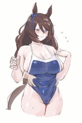 Rule 34 | 1girl, animal ears, belly, belly grab, blue one-piece swimsuit, blush, breasts, brown hair, cameltoe, character request, cleavage, cleft of venus, disembodied hand, flying sweatdrops, groin, hair between eyes, highres, horse ears, horse girl, horse tail, large breasts, one-piece swimsuit, plump, simple background, sketch, solo focus, swimsuit, tail, thighs, umamusume, undersized clothes, utsuru4, wavy mouth, white background